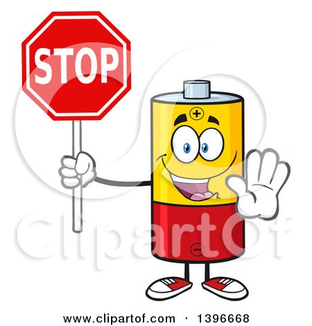 Clipart of a Cartoon Battery Character Mascot Holding a Stop Sign - Royalty Free Vector Illustration by Hit Toon