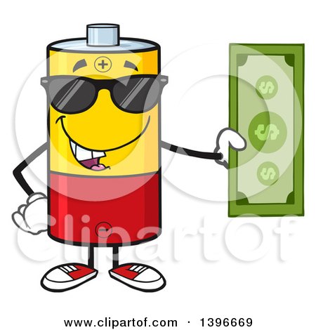 Clipart of a Cartoon Battery Character Mascot Wearing Sunglasses and Holding Cash Money - Royalty Free Vector Illustration by Hit Toon