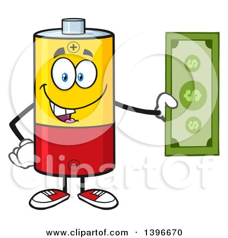 Clipart of a Cartoon Battery Character Mascot Holding Cash Money - Royalty Free Vector Illustration by Hit Toon