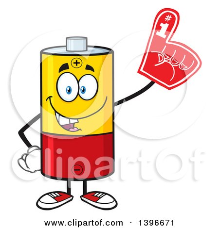 Clipart of a Cartoon Battery Character Mascot Wearing a Foam Finger - Royalty Free Vector Illustration by Hit Toon