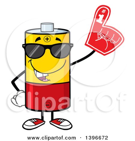 Clipart of a Cartoon Battery Character Mascot Wearing Sunglasses and a Foam Finger - Royalty Free Vector Illustration by Hit Toon