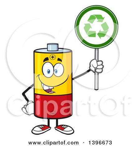 Clipart of a Cartoon Battery Character Mascot Holding a Recycle Sign - Royalty Free Vector Illustration by Hit Toon