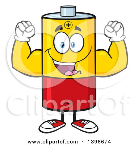 Clipart of a Cartoon Battery Character Mascot Flexing His Muscles - Royalty Free Vector Illustration by Hit Toon