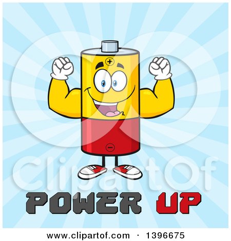 Clipart of a Cartoon Battery Character Mascot Flexing His Muscles over Power up Text on Blue - Royalty Free Vector Illustration by Hit Toon