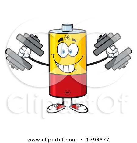 Clipart of a Cartoon Battery Character Mascot Working out with Dumbbells - Royalty Free Vector Illustration by Hit Toon