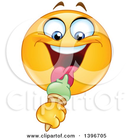Clipart of a Cartoon Yellow Smiley Face Emoji Emoticon Eating a Waffle Ice Cream Cone - Royalty Free Vector Illustration by yayayoyo