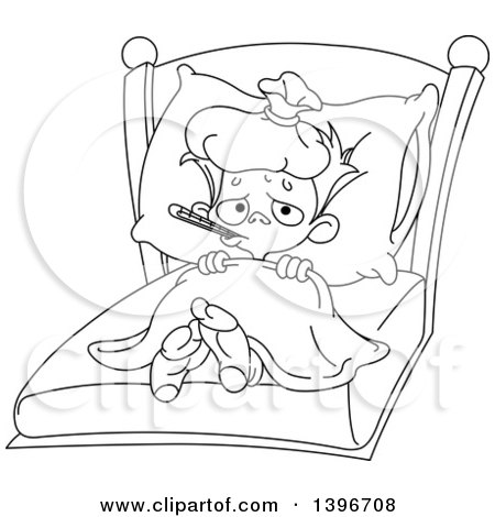 Clipart of a Cartoon Black and White Lineart Sick Boy in Bed - Royalty Free Vector Illustration by yayayoyo