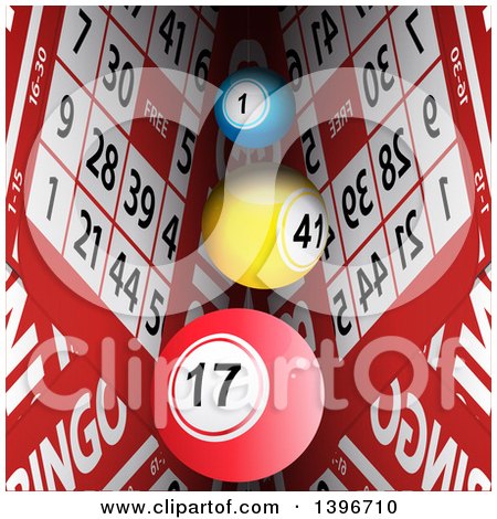 Clipart of 3d Bingo Balls over Cards - Royalty Free Vector Illustration by elaineitalia