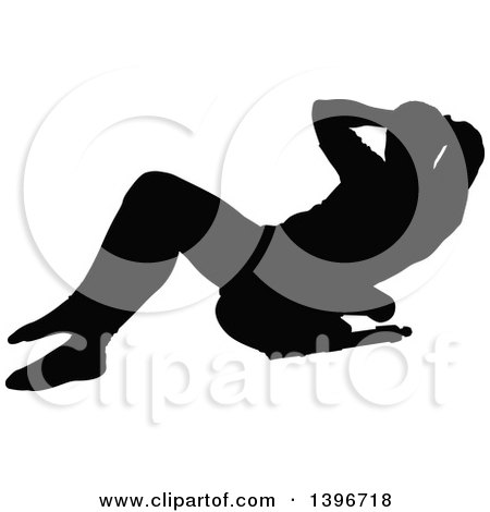 Clipart of a Black Sihhouetted Man Working Out, Doing Sit Ups - Royalty Free Vector Illustration by dero