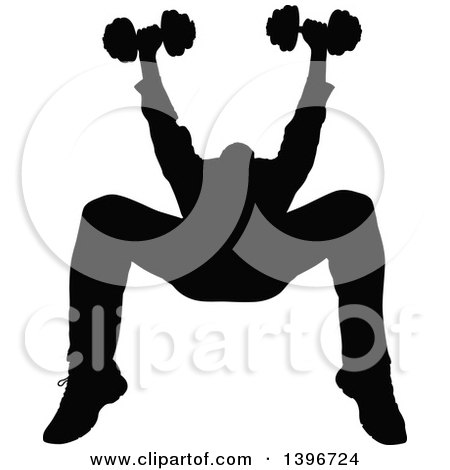 Clipart of a Black Sihhouetted Man Working Out, Doing Bench Chest Presses - Royalty Free Vector Illustration by dero