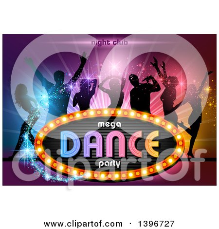 Clipart of a Group of Silhouetted People Dancing over Colorful Lights, with Magic Sparkles and a Sign with Text - Royalty Free Vector Illustration by dero