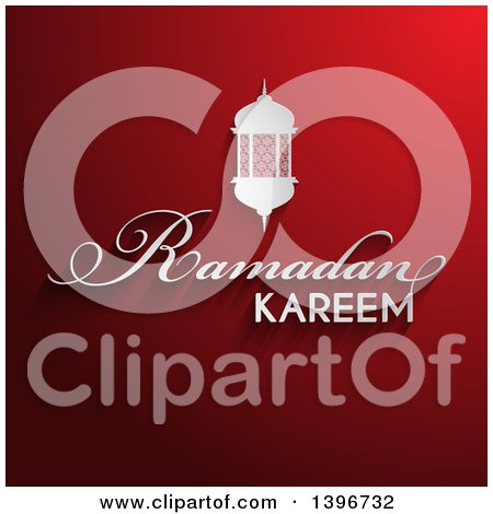 Clipart of a White Lantern over Ramadam Kareem Text on Red - Royalty Free Vector Illustration by KJ Pargeter