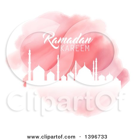 Clipart of a Pink Watercolor Ramadan Kareem Background with a White Silhouetted Mosque over Gold - Royalty Free Vector Illustration by KJ Pargeter