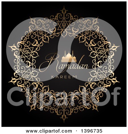 Clipart of Ramadan Kareem and Gold Silhouetted Mosque in an Ornate Circle on Black - Royalty Free Vector Illustration by KJ Pargeter