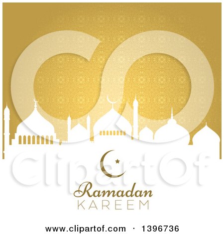 Clipart of a Ramadan Kareem Background with a White Silhouetted Mosque over Gold - Royalty Free Vector Illustration by KJ Pargeter