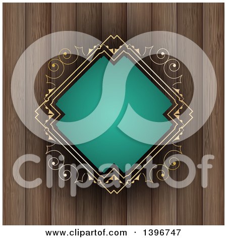Clipart of a Turquoise and Gold Diamond Shaped Frame over Wood - Royalty Free Vector Illustration by KJ Pargeter