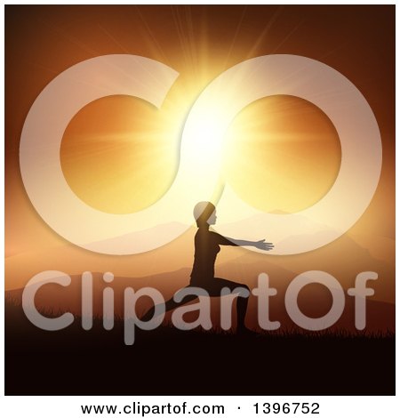 Clipart of a Fit Silhouetted Woman Doing Yoga Against an Orange Mountainous Sunset - Royalty Free Vector Illustration by KJ Pargeter