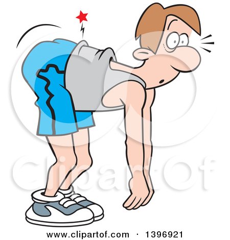 Clipart of a Cartoon Caucasian Man in Exercise Clothes, Bending over with an Aching Back - Royalty Free Vector Illustration by Johnny Sajem