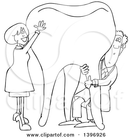 Clipart of a Cartoon Black and White Lineart Male and Female Dentist Holding up a Giant Tooth - Royalty Free Vector Illustration by djart