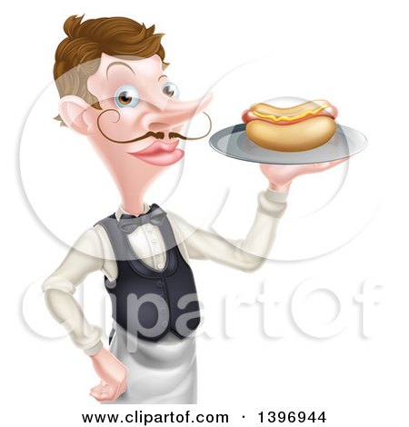 Clipart of a White Male Waiter with a Curling Mustache, Holding a Hot Dog on a Platter - Royalty Free Vector Illustration by AtStockIllustration