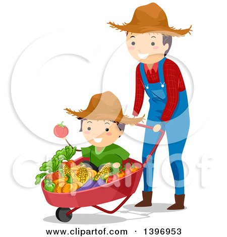 Clipart of a Happy Father Pushing His Son in a Wheelbarrow Full of Harvest Vegetables - Royalty Free Vector Illustration by BNP Design Studio