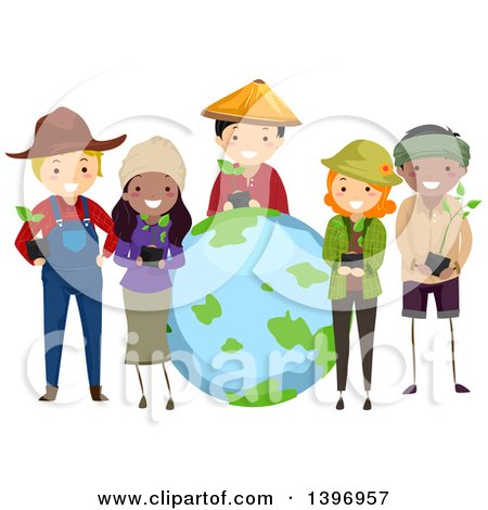 Clipart of a Group of Farmers Holding Plants Around Earth - Royalty Free Vector Illustration by BNP Design Studio