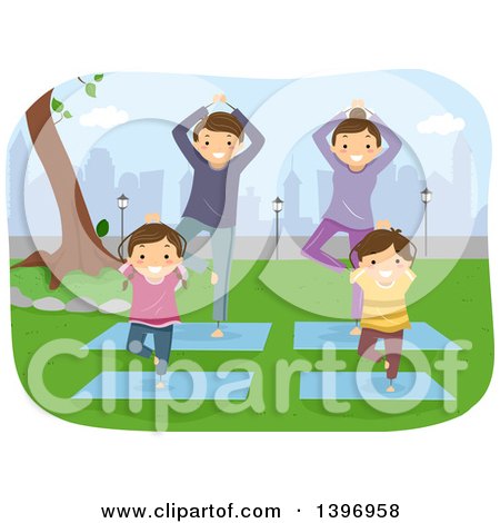 Clipart of a Happy Family Doing Yoga in a Park - Royalty Free Vector Illustration by BNP Design Studio