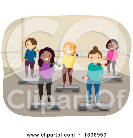 Clipart of a Group of Women Working out in a Step Class - Royalty Free Vector Illustration by BNP Design Studio