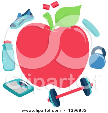 Clipart of a Red Apple Frame Bordered with Gym Equipment - Royalty Free Vector Illustration by BNP Design Studio