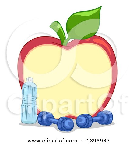 Clipart of a Red Apple Frame with Dumbbells and a Bottled Water - Royalty Free Vector Illustration by BNP Design Studio