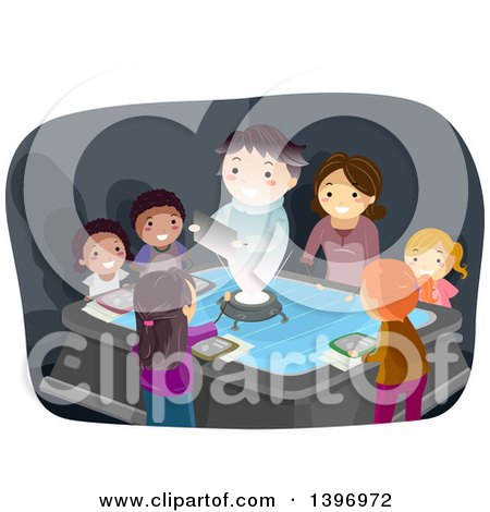 Clipart of a Teacher Projected by a Hologram, Talking to Students - Royalty Free Vector Illustration by BNP Design Studio