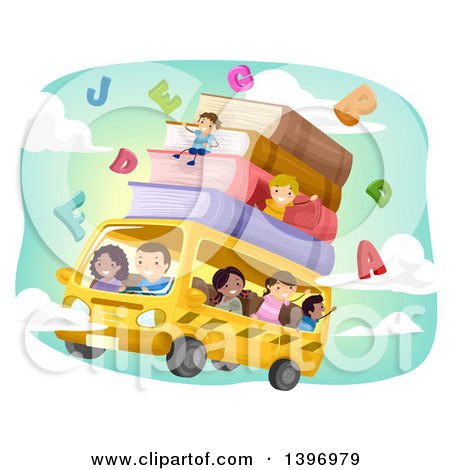 Clipart of a Group of Students on a Flying Bus - Royalty Free Vector Illustration by BNP Design Studio