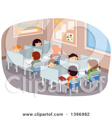 Clipart of a Group of Students Seated at Library Tables - Royalty Free Vector Illustration by BNP Design Studio