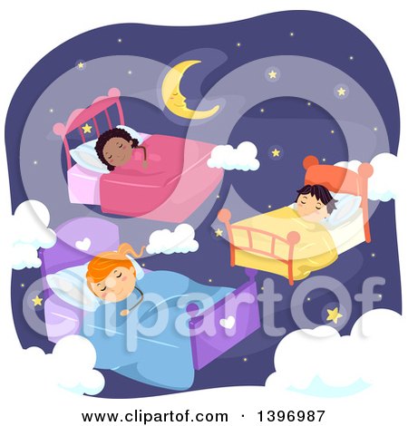 Clipart of a Group of Children Sleeping on Beds in a Night Sky - Royalty Free Vector Illustration by BNP Design Studio