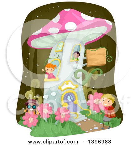 Clipart of a Group of Children Playing at a Mushroom House - Royalty Free Vector Illustration by BNP Design Studio