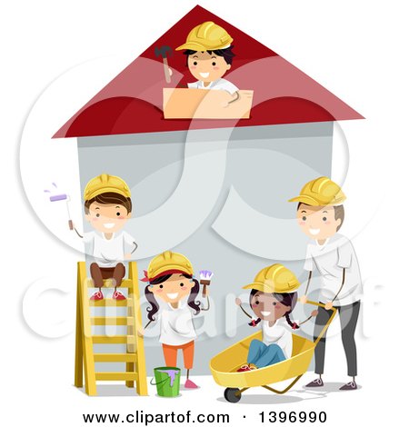 Clipart of a Teacher and Children Building a House - Royalty Free Vector Illustration by BNP Design Studio