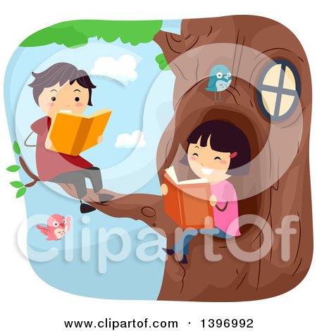 Clipart of a Boy and Girl Reading on a Tree Branch - Royalty Free Vector Illustration by BNP Design Studio