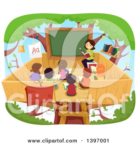 Clipart of a Female Tecacher Reading to Students in a Tree House Class Room - Royalty Free Vector Illustration by BNP Design Studio
