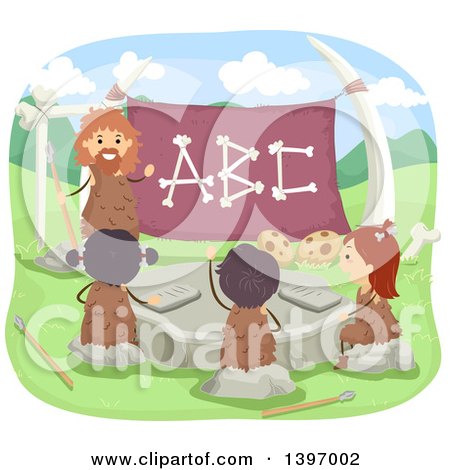 Clipart of a Caveman Teacher and Children Learning the Alphabet - Royalty Free Vector Illustration by BNP Design Studio