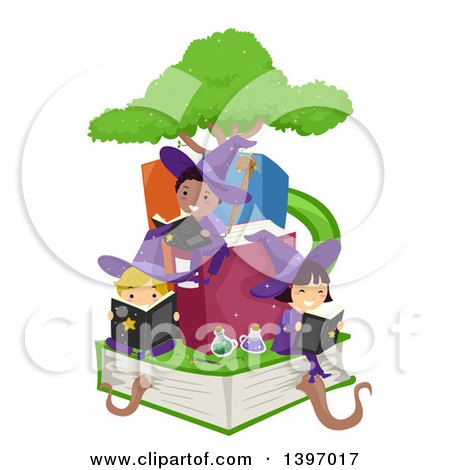 Clipart of a Group of Children Reading on a Giant Book with a Tree - Royalty Free Vector Illustration by BNP Design Studio