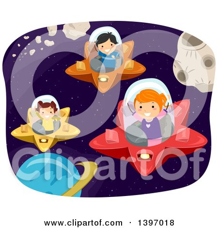 Clipart of Children Flying Star UFOs in Outer Space - Royalty Free Vector Illustration by BNP Design Studio