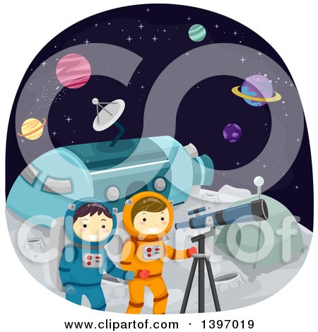 Clipart of Children Using a Telescope on a Moon Camp - Royalty Free Vector Illustration by BNP Design Studio