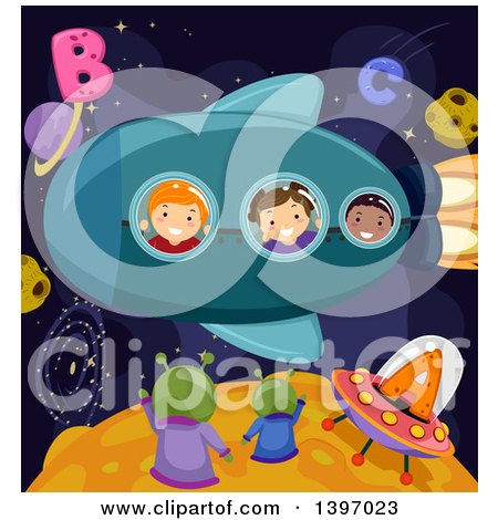 Clipart of a Group of Students Imagining They Are in a Rocket and Waving at Aliens - Royalty Free Vector Illustration by BNP Design Studio
