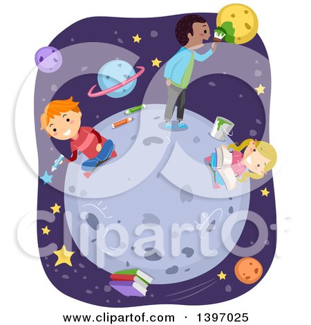 Clipart of Students Doing Lessons on the Moon - Royalty Free Vector Illustration by BNP Design Studio