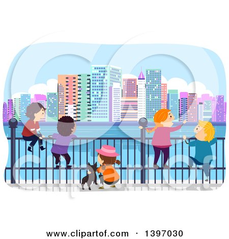 Clipart of a Group of Students on a Field Trip in a City - Royalty Free Vector Illustration by BNP Design Studio