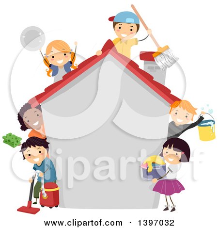 Clipart of a Group of Children Cleaning a House - Royalty Free Vector Illustration by BNP Design Studio