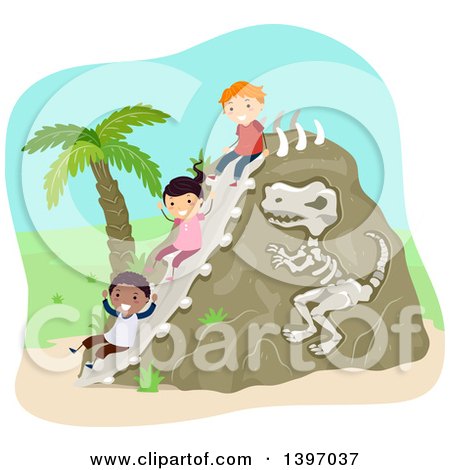 Clipart of a Dinosaur Bone Rock and Children Going down a Slide - Royalty Free Vector Illustration by BNP Design Studio