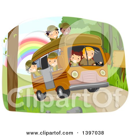 Clipart of a Group of Students on a Field Trip, Riding in a Camper - Royalty Free Vector Illustration by BNP Design Studio