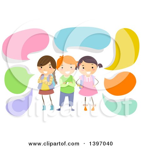 Clipart of a Group of Students Surrounded by Speech Bubbles - Royalty Free Vector Illustration by BNP Design Studio