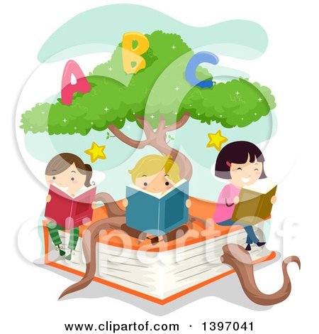 Clipart of a Group of Children Reading on a Giant Book with an Alphabet Tree - Royalty Free Vector Illustration by BNP Design Studio